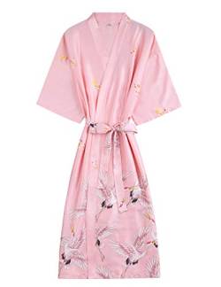 ZAPZEAL Morgenmantel Damen Kurz aus Baumwolle Dünn 3/4 Ärmel Bademantel Kimono Saunamantel Robe Negligee Mit V-Ausschnitt,Rosa L EU-Länge 115cm von ZAPZEAL