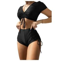 ZC8bdbd Damen-Bikini-Set mit V-Ausschnitt, gerüschte Schnürung vorne, 2-teiliger Badeanzug, Schwarz, Medium von ZC8bdbd