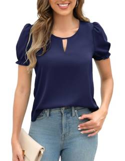 Zeagoo Chiffon Bluse Navy Blau Damen Elegant Kurzarmshirt Rundhals T-Shirt Puffärmel Sommer Kurze Ärmel mit Cut-Outs Oberteil Locker Freizeit Tops, XL von Zeagoo