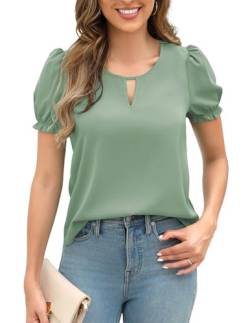 Zeagoo Damen Bluse Chiffon Grün Elegant Rundhals Oberteile Tops Puffärmel T-Shirt Streetwear Blusenshirt, L von Zeagoo