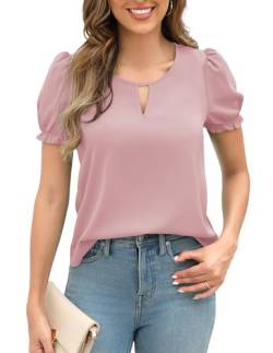 Zeagoo Damen T-Shirt Kurzarm Rundhals Chiffon Sommer Shirt mit Puffärmel und Hohlkehle Oberteile Bluse Tops Rosa Casual Tee, XL von Zeagoo