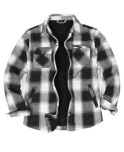 ZENTHACE Herren Sherpa gefüttert Flanell Jacke Fleece gefüttert Cpo Overshirt lässig Arbeit Plaid Flanelle Outdoor Blk-Weiß S von ZENTHACE