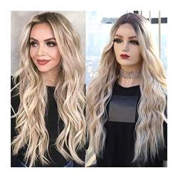 Gewellte Spitzenperücken Blonde Body Wave Synthetische Spitze Frontperücke mit mittlerem Trennen 26 Zoll lang wellenförmige synthetische Spitzeperücken for Frauen Hochtemperatur-Faserperücken Natürlic von ZENY896V