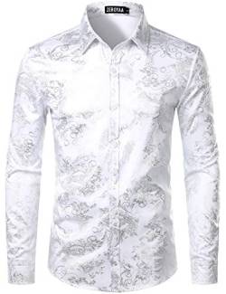 ZEROYAA Herren Luxus Paisley Gold Glänzend Bedruckt Stilvoll Slim Fit Button Down Kleid Shirt, Zlcl18-white silver, XX-Large von ZEROYAA