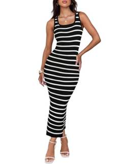 ZESICA Ärmelloses Maxikleid für Damen, figurbetont, lässig, U-Ausschnitt, gerippt, gestreift, Strandurlaub, langes Kleid, Schwarz, Klein von ZESICA