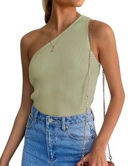 ZESICA Damen-Tanktop mit einer Schulter, ärmellos, gerippt, schmale Passform, sexy, lässig, Basic-T-Shirt, Salbei, Mittel von ZESICA