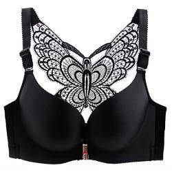 ZESLIV Damen BH Vorderverschluss ohne Bügel 110D Schwarz Push Up BH mit Schmetterlingsrückseite große größen Frauen Wohlfühl Bustier Spitzen Strass Bra von ZESLIV