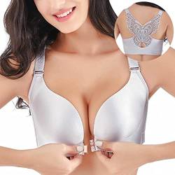 ZESLIV Damen BH Vorderverschluss ohne Bügel 85D Silber Push Up BH mit Schmetterlingsrückseite große größen Frauen Wohlfühl Bustier Spitzen Strass Bra von ZESLIV