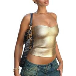 Damen Metallic Silber Tube Top Trägerlos Crop Top Sexy Ärmellos Rippstrick Bandeau Top Bustier Konzert Outfit, Gold, X-Klein von ZGMYC