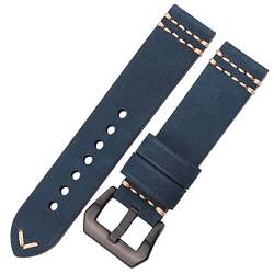 ZHBABVCT Handgefertigtes Cowhide -Uhrenband 20mm 22 mm 24mm Ersatz Echtes Leather Uhrenbandbänder Frauen Männer Vintage Armband Accessoires(Blue Black Buckle,20mm) von ZHBABVCT