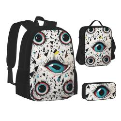 ZHONGSK Evil Eyes – Schultasche + Federmäppchen + Lunchtasche Kombination, 3-in-1-Rucksack-Set, wasserabweisend, langlebig, Büchertasche für Studenten, Kinder, Teenager, Mädchen und Jungen, Schwarz , von ZHONGSK