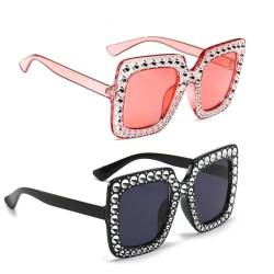 Sonnenbrille,2 Paar Quadratische Übergroße Sonnenbrille Mode Sonnenbrillen Damen Sonnenbrille Unisex Bling Kristall Strass Brillen mit Dickem Rahmen UV-Schutz Sonnenbrille für Männer und Frauen von ZHjuju