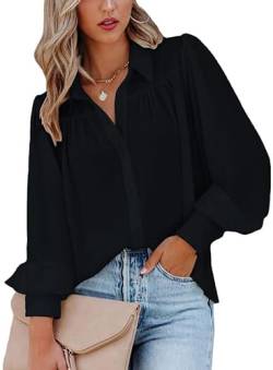 ZIOOER Damen Bluse V-Ausschnitt Langarm Hemd Lässige Oberteile Knopfleiste Hemdbluse Einfarbig Langarmshirt Schwarz M von ZIOOER