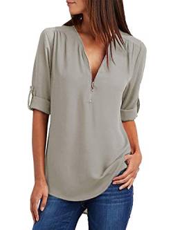 Damen Chiffon Blusen Elegante Reißverschluss Langarmshirts Bluse Tunika Oberteile T-Shirt V-Ausschnitt Tops Grau L von ZIOOER