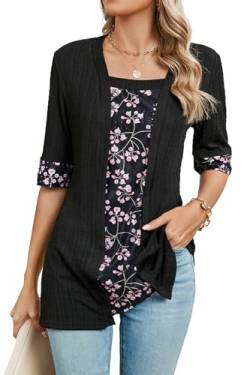 ZIYYOOHY Damen Blumenhemd Kurzarm 3/4 Ärmel Oberteile Spitze Elegant Bluse Spreizkragen T-Shirt Tunika Tops(6015 BK L) von ZIYYOOHY