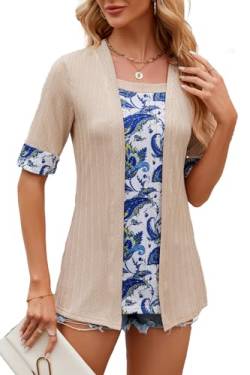 ZIYYOOHY Damen Blumenhemd Kurzarm 3/4 Ärmel Oberteile Spitze Elegant Bluse Spreizkragen T-Shirt Tunika Tops(6015 KH L) von ZIYYOOHY