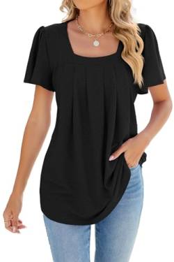 ZIYYOOHY Damen Sommer Bluse Kurzarm Elegant Spitze Ösen Spreizkragen mit Plissiert T-Shirt Tunika Oberteil Tops(6011-BK XL) von ZIYYOOHY