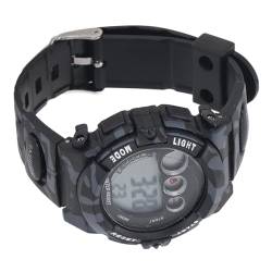 Camouflage-Kinder-Digitaluhr, Wecker, Kalender, Wasserdicht, 50 M, 7 LED-Hintergrundbeleuchtung, PU-Armband, für Jungen von 5–17 Jahren mit Fluoreszierendem Display (BLACK) von ZJchao