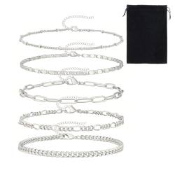 5 Stück Armband,Ketten Armbander Set,Schlangenketten Armband Stapelbare Silber Armband Set, Edelstahl Verstellbare Armkette Bracelet Set,Modeschmuck Für Damen Mädchen von ZKGYUS