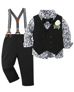 ZOEREA Baby Jungen Bekleidungsset Anzug Gentleman Festliche Taufe Hochzeit Langarm Kleid Hemd + Bowtie + Weste + Boutonniere + Hosenträge Schwarz,2-3 Jahre von ZOEREA