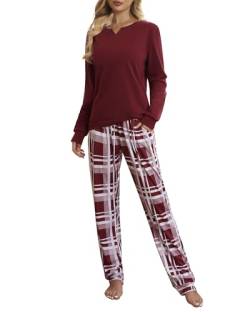 ZOEREA Schlafanzug Damen Pyjama Set Lang Zweiteiliger Nachtwäsche V-Ausschnitt Elastischer Bund Langarm Hausanzug mit Karierte Hose für Frühling Herbst Rot, M von ZOEREA