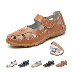 ZPLMIDE Damen Retro Flache Echtleder rutschfeste Sandalen Damen Geschlossene Zehen Sandalen Weiches Solides Leder Casual Walking Wandern Fahren Schuhe, braun, 38 EU von ZPLMIDE