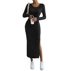 ZRYAZQ Winterkleid Damen Langarm Warm Curvy Strickkleid Damen Winter Lang mit Schlitz Pulloverkleid Damen Elegant Maxi Geripptes Winterkleider Gestricktes Strickkleider Frauen Eng Gerader Schnitt von ZRYAZQ