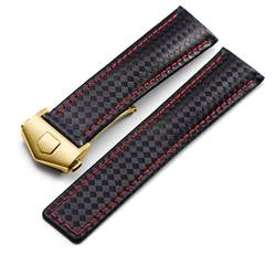 ZUC 20 22 mm für TAG Heuer Watchband Carbonfaser Textur Kuh Lederboden SCHWARZ ROT Armband -Männer -Riemen mit Klappschnalle Verschluss(Black gold clasp,22mm) von ZUC