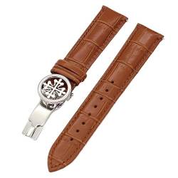 ZUC Echtleder-Uhrenarmband 19 mm, 20 mm, 22 mm, Uhrenarmbänder für Patek Philippe Wath-Bänder mit Faltschließe aus Edelstahl für Herren und Damen(Light Brown Silver,20mm) von ZUC