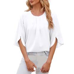 ZZHZGZ Damen Bluse Rundhals Tunika Shirt Elegant Casual Oberteile Loose Shirt GroßE GrößEn Locker Chiffon Sommer Shirts Einfarbig Lose Flowy Tops (Weiß, M) von ZZHZGZ