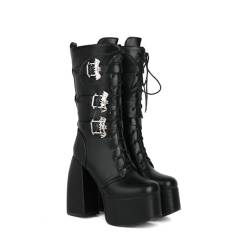 ZZQCCHL Damen Chunky Ankle Boots mit Blockabsatz Plateau Mid Calf Gothic Stiefel Square Toe Lace Up Punk Motorrad Kniehohe Stiefel Stiefel,Black pu,42 EU von ZZQCCHL