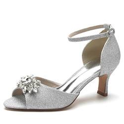 ZZQCCHL Damen Kitten Heel Glitter Brautsandalen Knöchelriemen Peep Toe Brautkleid Pumps mit Strass,Silber,39 EU von ZZQCCHL