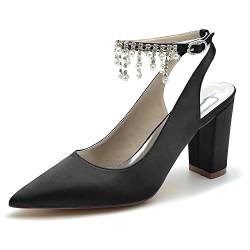 ZZQCCHL Damen Knöchelriemen Spitzes Zehenkleid Pumps Slingback Courtschuhe mit Strass Chunky Block Heel Hochzeitsschuhe,Schwarz,39 EU von ZZQCCHL