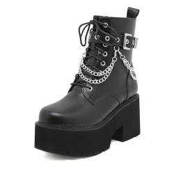 ZZQCCHL Damen Platform Combat Goth Punk Stiefeletten Schwarze Bikerstiefel mit runder Spitze und Nieten,Schwarz,38 EU von ZZQCCHL