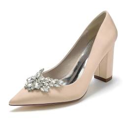 ZZQCCHL Damen Satin Spitze Spitze Brautschuhe Slip-On Block Heels Hochzeitsschuhe Abend Party Kleid Pumps mit Strass,Champagne,42 EU von ZZQCCHL