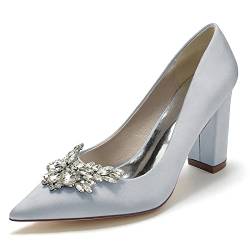 ZZQCCHL Damen Satin Spitze Spitze Brautschuhe Slip-On Block Heels Hochzeitsschuhe Abend Party Kleid Pumps mit Strass,Silber,37 EU von ZZQCCHL