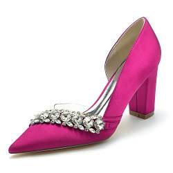 ZZQCCHL Damen Slip-On Chunky Heel Brautschuhe Spitze Geschlossene Spitze Brautkleid Pumps Strass Büroschuhe,Fuchsia,39 EU von ZZQCCHL