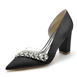 ZZQCCHL Damen Slip-On Chunky Heel Brautschuhe Spitze Geschlossene Spitze Brautkleid Pumps Strass Büroschuhe,Schwarz,40 EU von ZZQCCHL