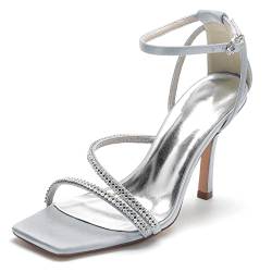 ZZQCCHL Damen Stiletto Brautschuhe Offene quadratische Zehe Brautkleid Pumps mit Strass Riemchen High Heeled Sandalen für den Abschlussball,Silber,40 EU von ZZQCCHL