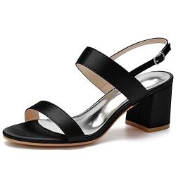 ZZQCCHL Frauen Satin Mid Chunky Block Heel Sandalen Knöchelriemen Hochzeitsschuhe für Braut Kleid Abend Party Open Toe Pumps,Schwarz,38 EU von ZZQCCHL