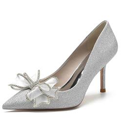 ZZQCCHL Frauen Stiletto Court Schuhe Slip-On Glitter Hochzeit Pumps für Braut Abend Ballkleid Schuhe,Silber,38 EU von ZZQCCHL