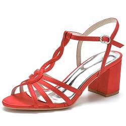 ZZQCCHL Open Toe Chunky Block Heel Kleid Sandalen T Knöchel Strap Braut Pumps Hochzeit Formale Prom Schuhe,Rot,36 EU von ZZQCCHL