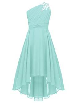 Zaldita Kinder Mädchen Festlich Kleid Lang Ein Schulter Brautjungfernkleid mit Perlen Irreguläre Prinzessin Kleid Partykleid Bühnenauftritt A Mint Grün 134-140 von Zaldita