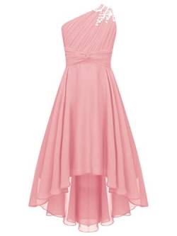 Zaldita Kinder Mädchen Festlich Kleid Lang Ein Schulter Brautjungfernkleid mit Perlen Irreguläre Prinzessin Kleid Partykleid Bühnenauftritt A Rosa 170-176 von Zaldita