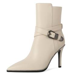 Zamikoo Damen Spitz Zehe Knöchel Stiefel Stiletto High Heel Stiefel mit Seite Reißverschluss und Schnalle Kleid Silber Perlen Winterstiefel 3.7 Zoll Beige EU42 von Zamikoo