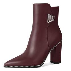 Zamikoo Damen Spitz Zehe Knöchel Stiefel mit Chunky Heel und Seite Reißverschluss High Heel Stiefeletten Silber Perlen Bequeme Winterstiefel 3.7 Inch Burgundisch EU43 von Zamikoo