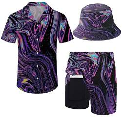 ZePinger Herren 80er Jahre Hemd und Shorts Set 80er 90er Jahre Outfit 90er Jahre Hemd Anzüge mit Bucket Hats, Black Psychedelic Trippy, Medium von ZePinger