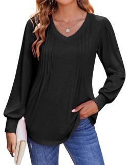 Zeagoo Blusen Damen Oberteile Laternenärmel Langarm T-Shirt Elegant V-Ausschnitt Casual Blusen Herbst Tunika Tops Schwarz XL von Zeagoo