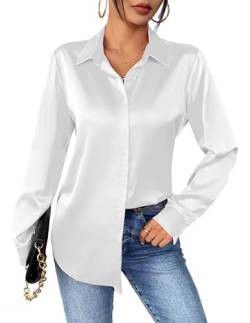 Zeagoo Bluse Damen Satin Seide V-Ausschnitt Elegant Hemd Langarm Blusen Oberteile Lässiges Shirt Lockere Tops Weiß M von Zeagoo