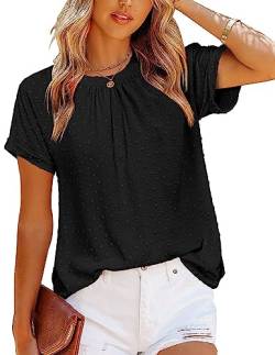 Zeagoo Damen Casual Swiss Dot Chiffon Sommer Tops Rundhals Bluse Shirts Kurzarm Arbeit Büro Lose Hemd, Schwarz, Groß von Zeagoo